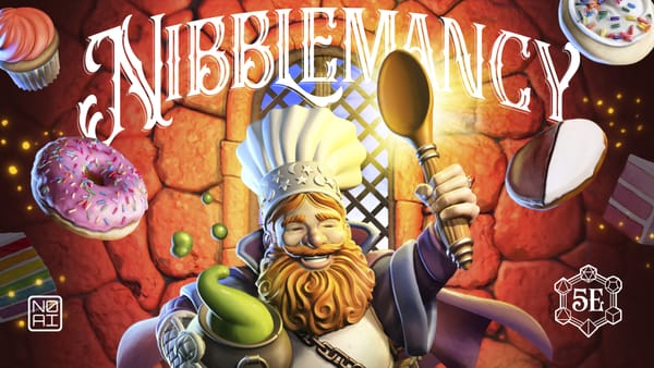 The cover art for Nibblemancy illustrated by Steve Conley shows a smiling, wizard chef.