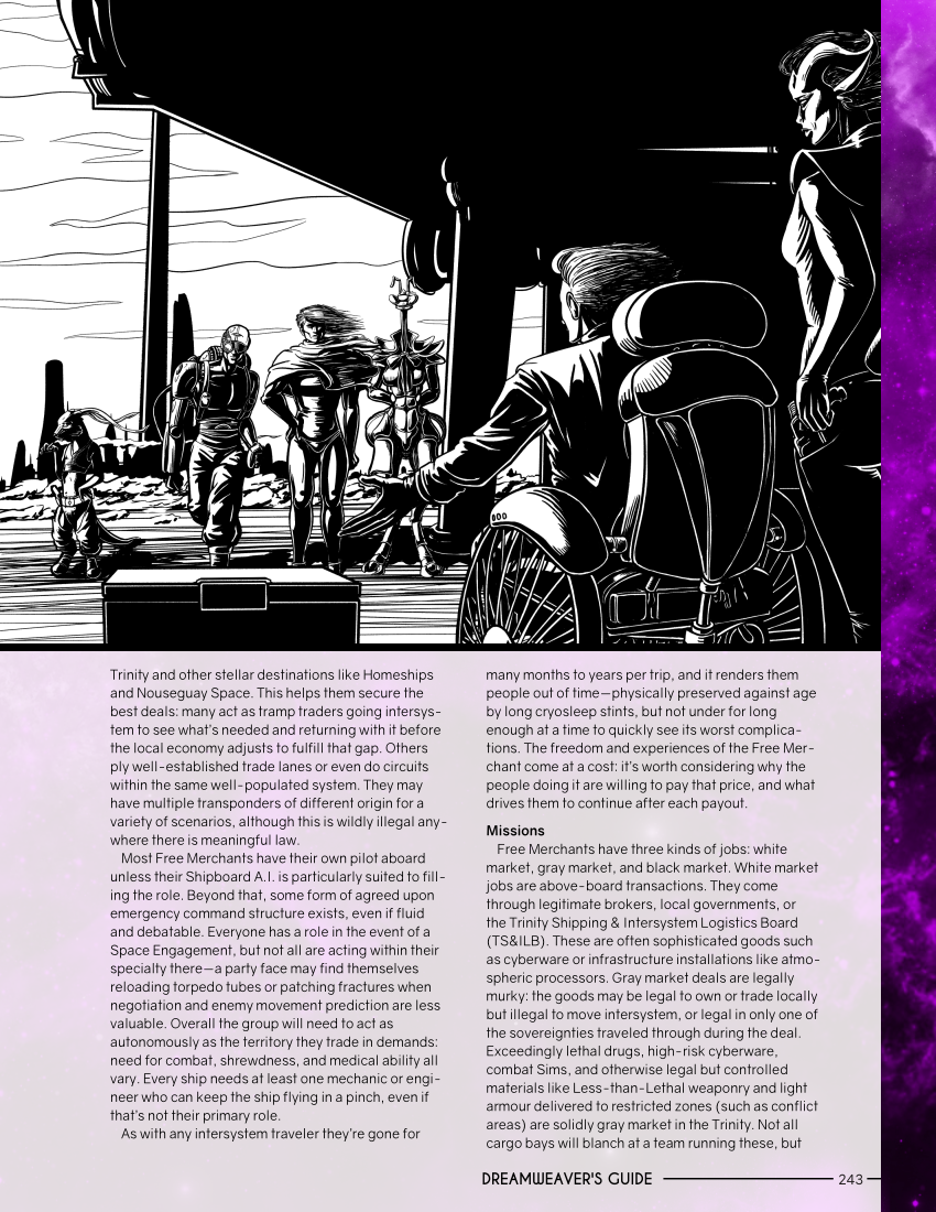 half page image and some text about Free Merchants; 4 characters standing facing 1 in wheel chair gesturing a box, 1 bodyguard next to them hand on gun in holster