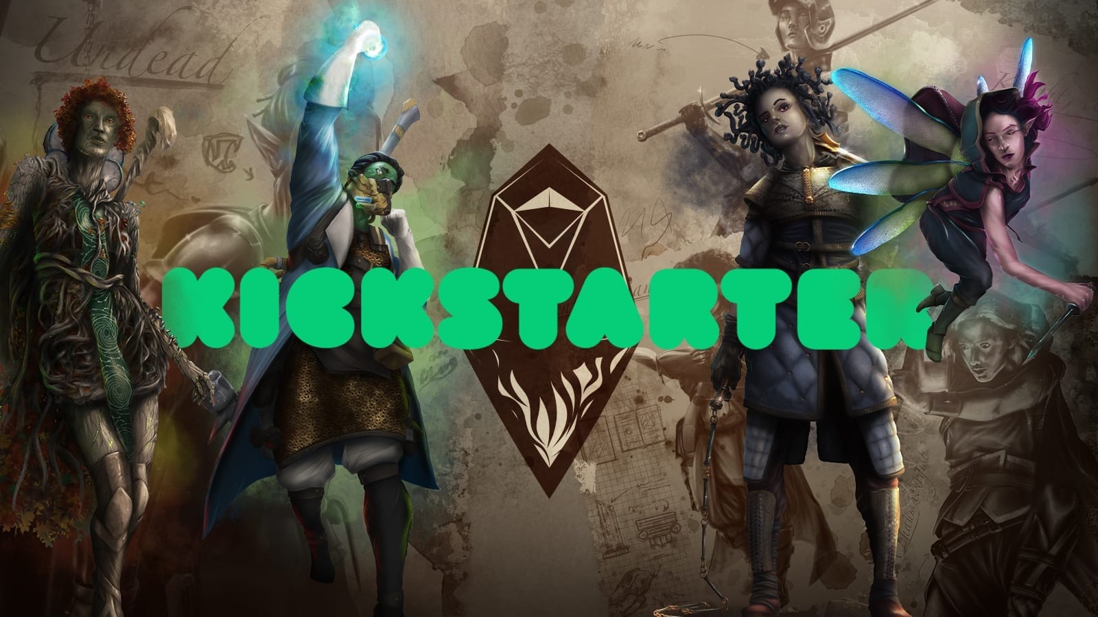 A banner image with the Kickstarter logo and a series of Relict characters. Left to right: a tree-person mage, an orcish plague doctor holding a glowing vial, a gorgon warrior, and a winged pixie with a dagger.