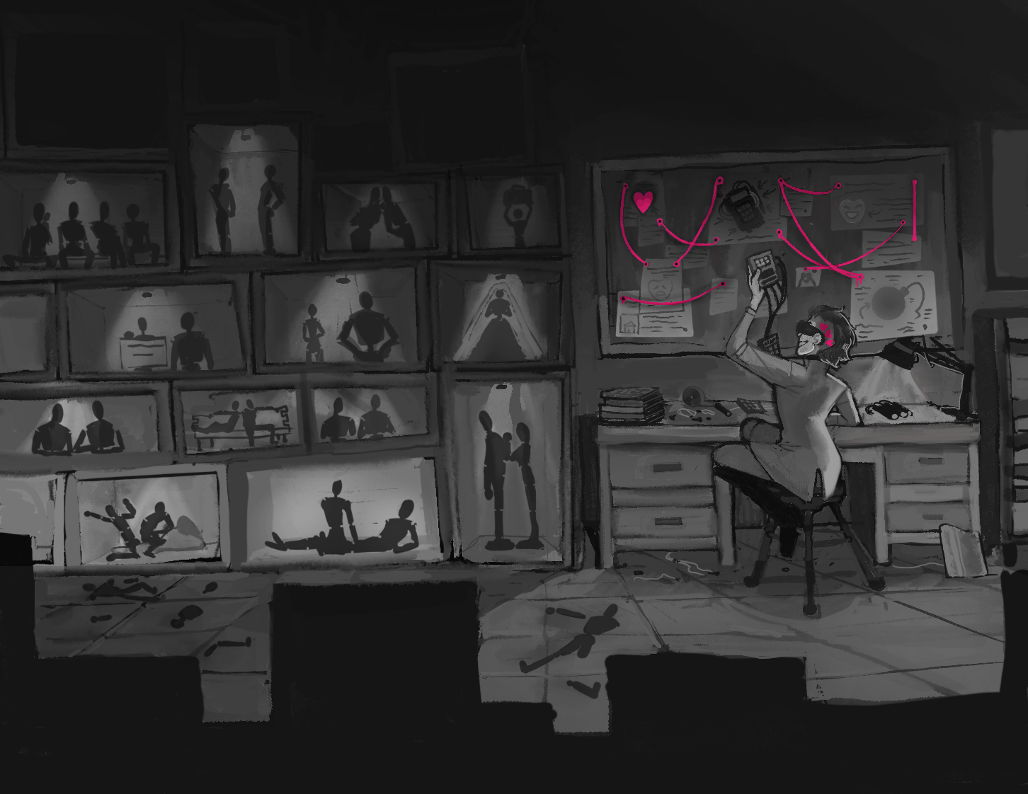 Black and white digitally painted illustration with pink accents. A supervillain works at a desk in a messy workshop on some electronics, illuminated by a lamp. A conspiracy board above them with the Rom Com Drama Bomb symbols. On the left half of the image are stacked displays of dioramas featuring iconic moments from romantic comedies.