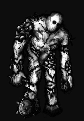 A Frankesteing monster-like entity with numerous pieces of meat sewn together looks menacingly at the viewer, morningstar in hand