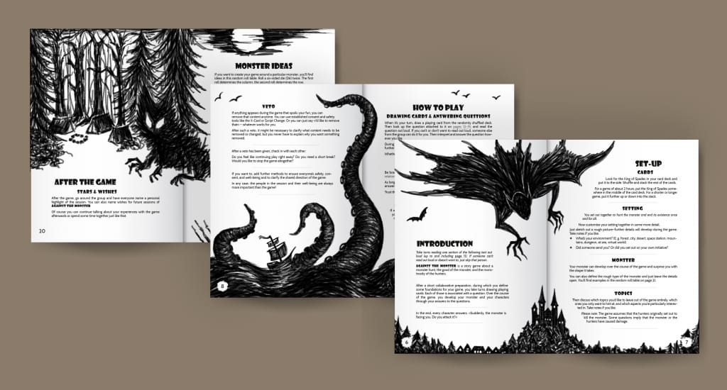Three spreads with large artwork showing a camp in the forest with a monster, a Kraken, and a vampire.