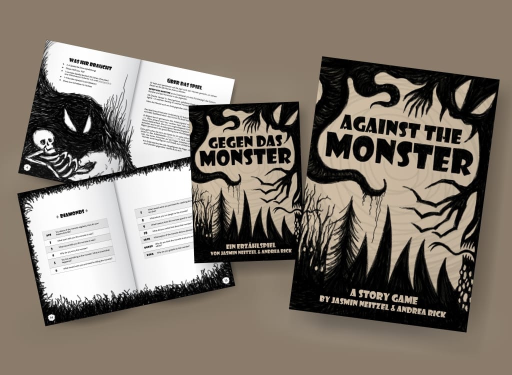 Collage of the cover of Against the Monster in both languages and two spreads of the zine. The covers show silhouettes of claws, tentacles, teeth, and trees around the title of the game.