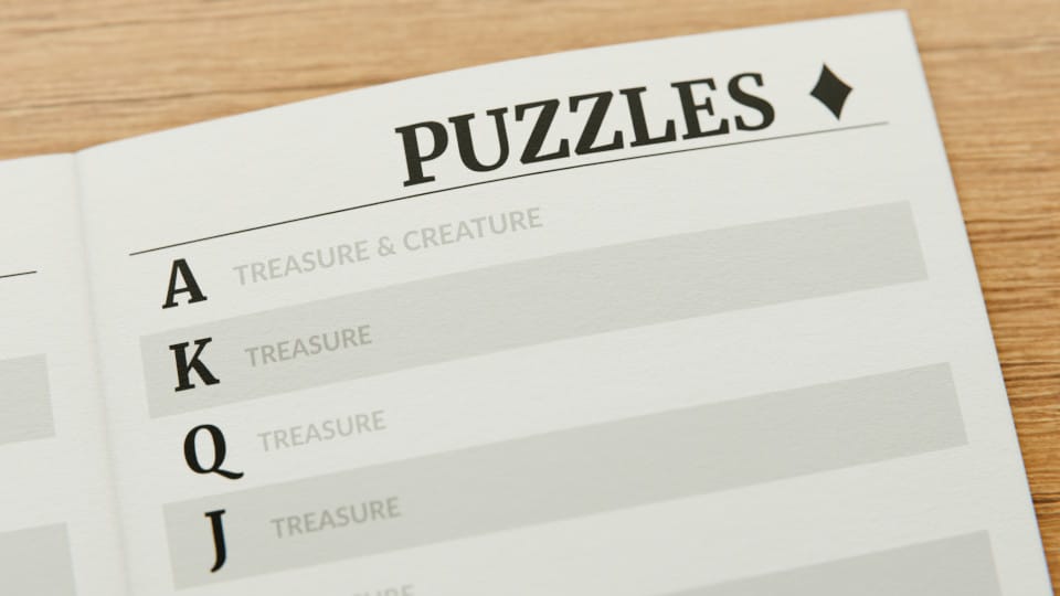 Close up of a blank page. The "Puzzles" table shows greyed-out annotations like "Treasure and creature".