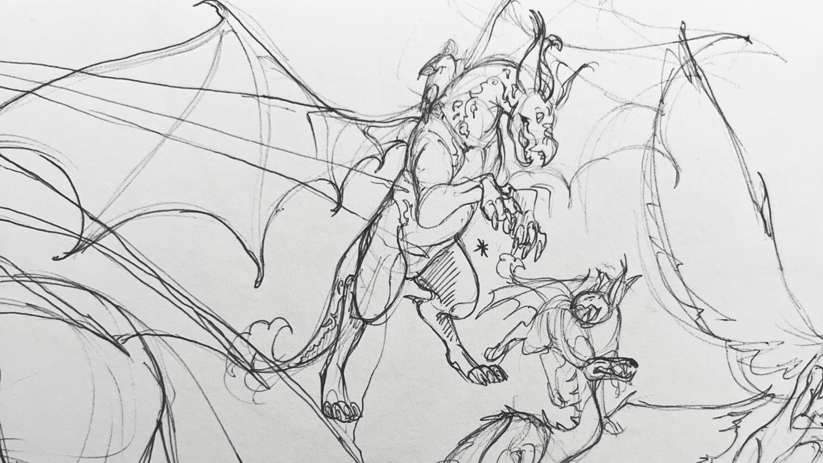 pencil sketch of a dragon with a rider on it's back and a smaller baby dragon