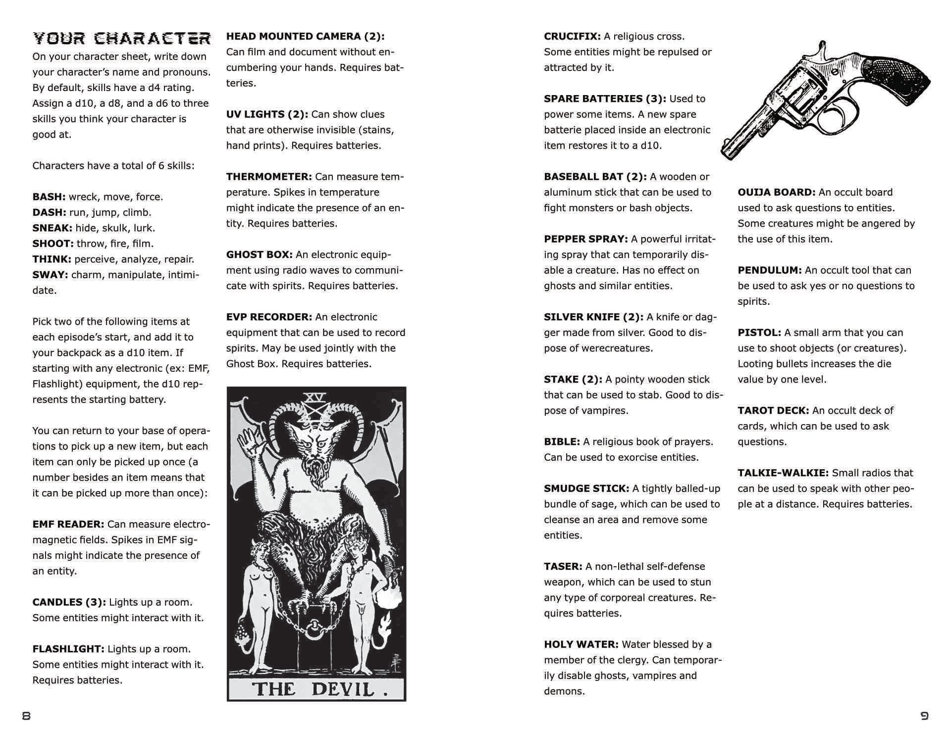 A page example showing the different items and actions your character can do. It has a black and white image of The Devil tarot card and a pistol.