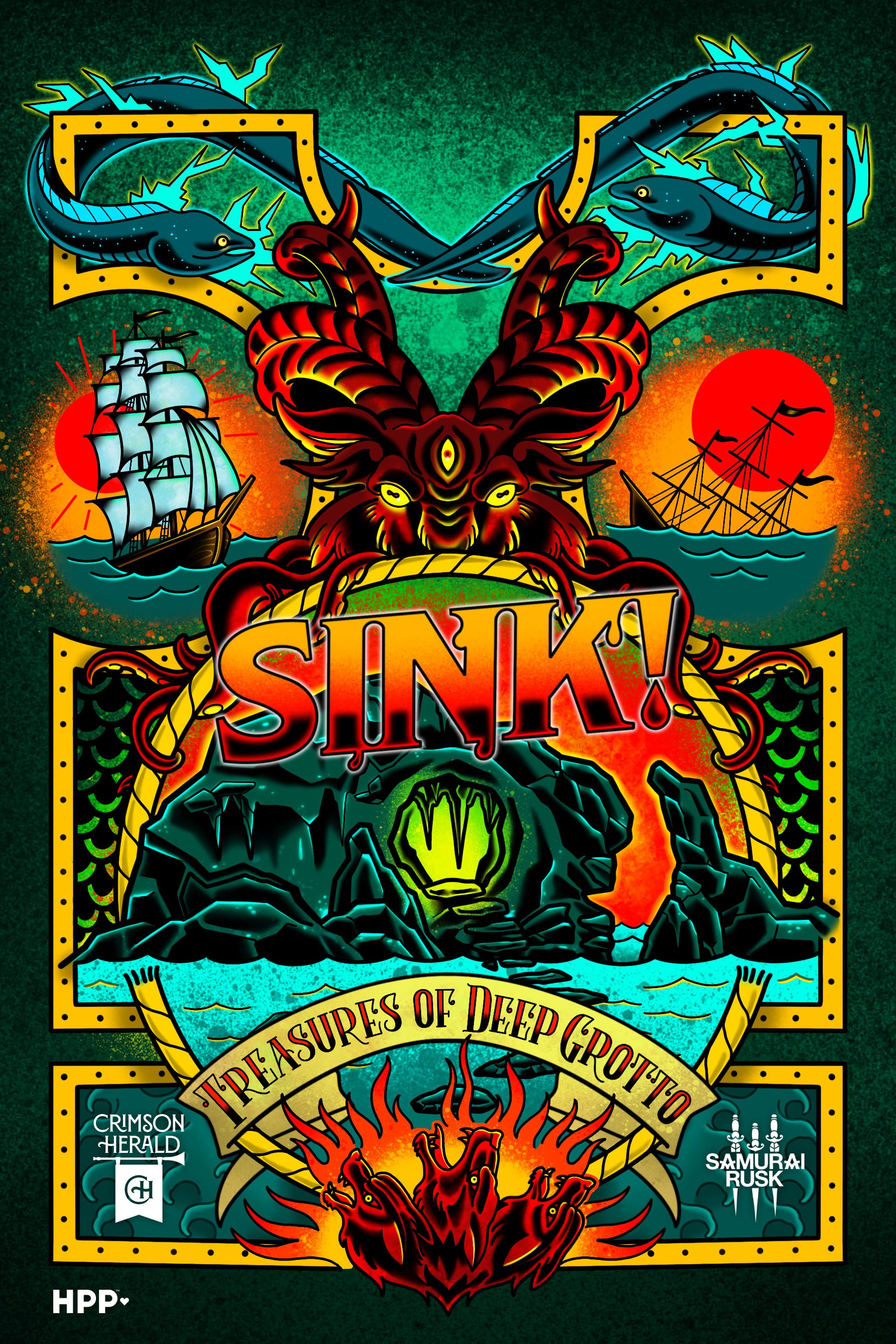 Cover of SINK!: Treasures of Deep Grotto, featuring a dark island that resembles a half exposed skull with a light exposing its entrance, a demonic head hovering over it, tentacles outstretched, two ships (one of them sinking), and two eels at the top. The layout of the artwork resembles a full back tattoo piece in the American traditional tattoo style.