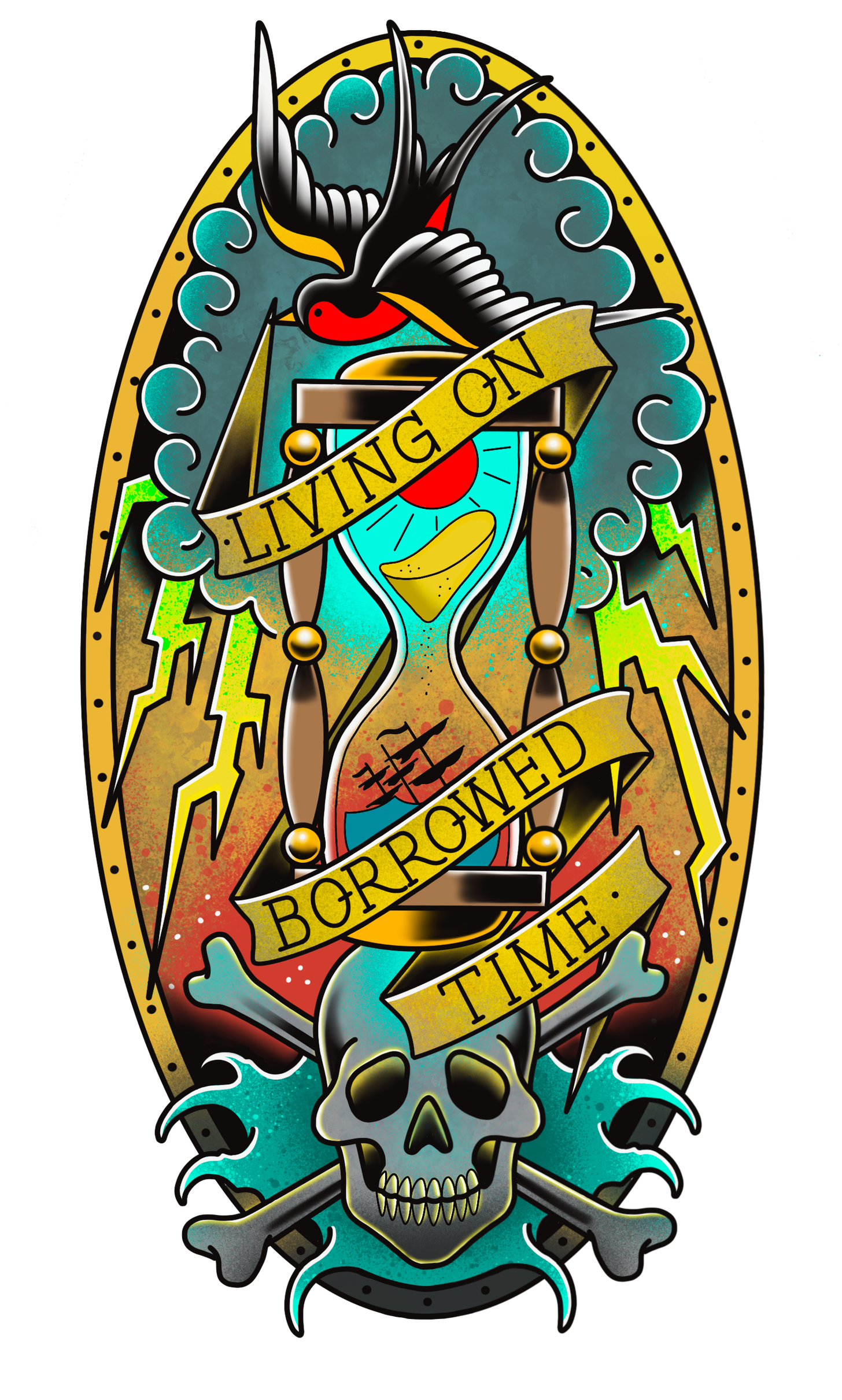 An American traditional tattoo piece featuring an hourglass containing a sinking ship, a skull and crossbones, and a robin carrying a banner that says "Living on Borrowed Time". All is contained in an oval frame.