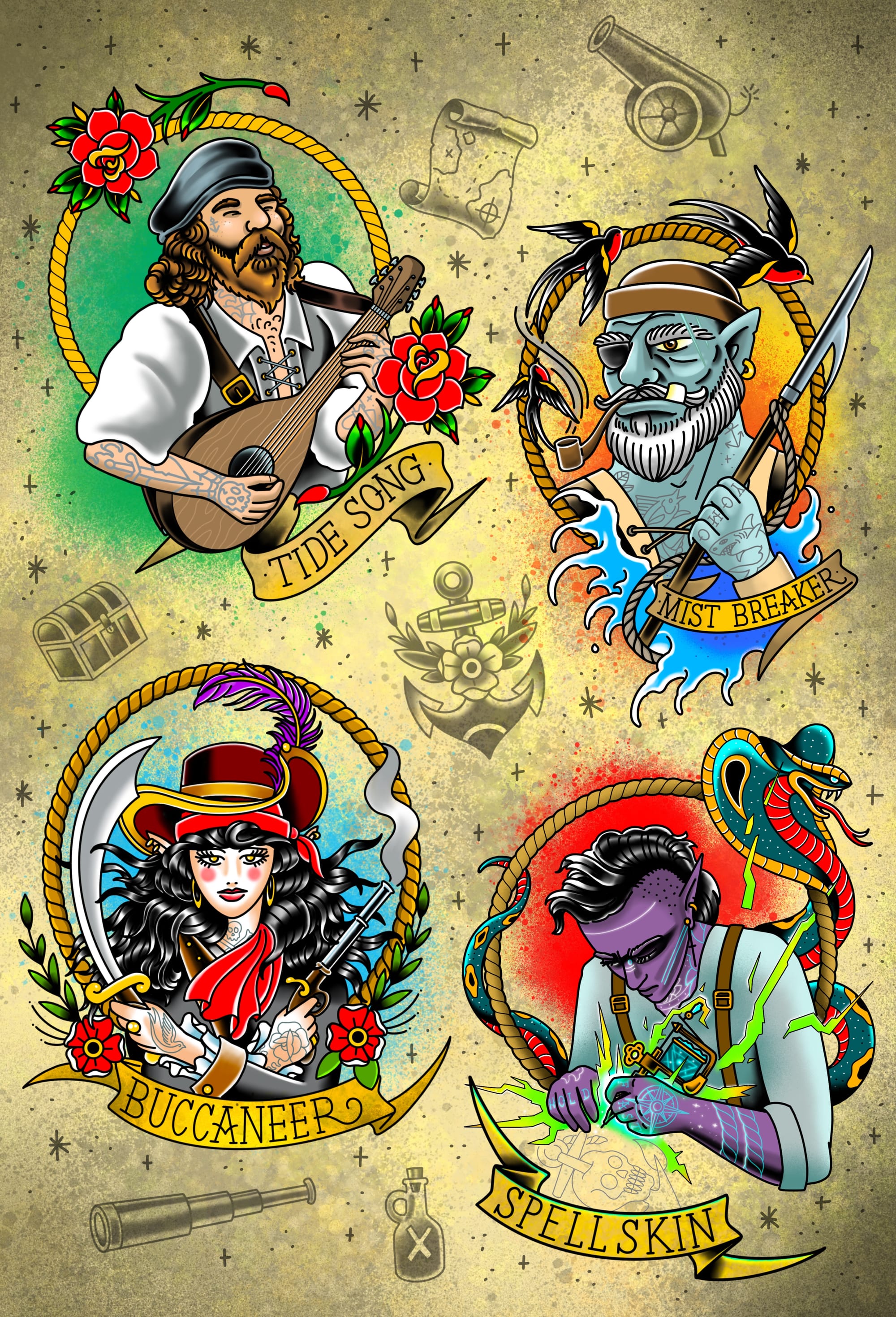An American traditional tattoo flash sheet with art for the four subclasses: the College of Tide Song Bard, the Mist Breaker Ranger, the Buccaneer Fighter, the Spellskin Wizard.