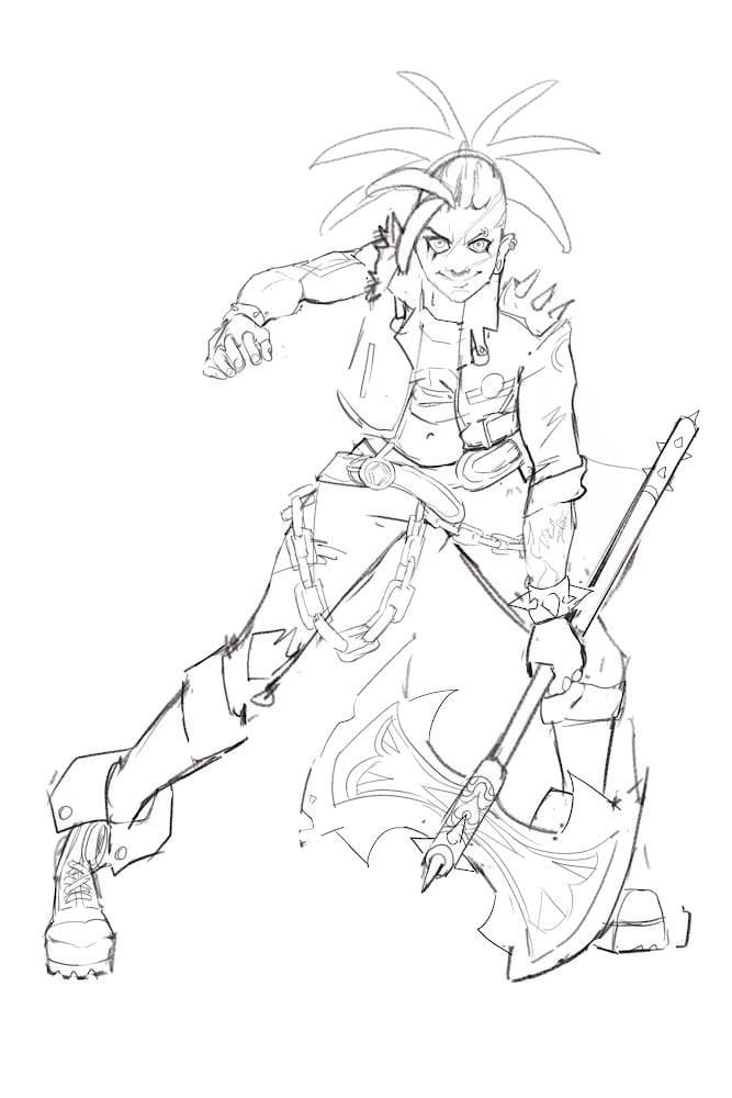 Digital sketch drawing of a muscular axe-wielding person with tattoos, piercings, a ripped sleeve, chains, and locs mostly pulled back into a splayed ponytail.