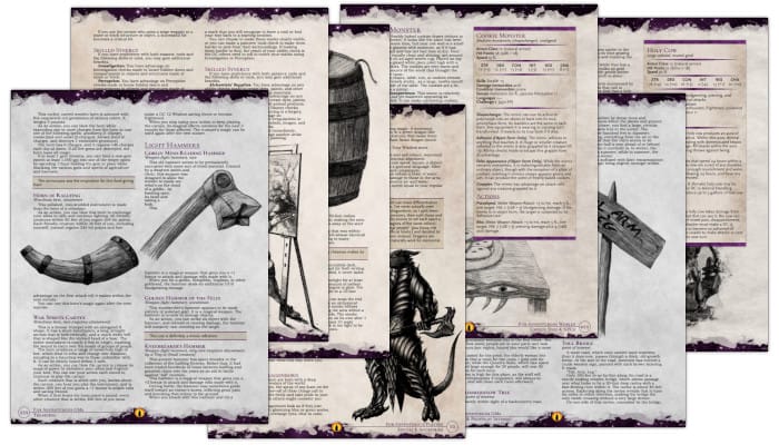 Image shows 7 overlapping pages from the interior of The Amethyst Dragon's Hoard of Everything.