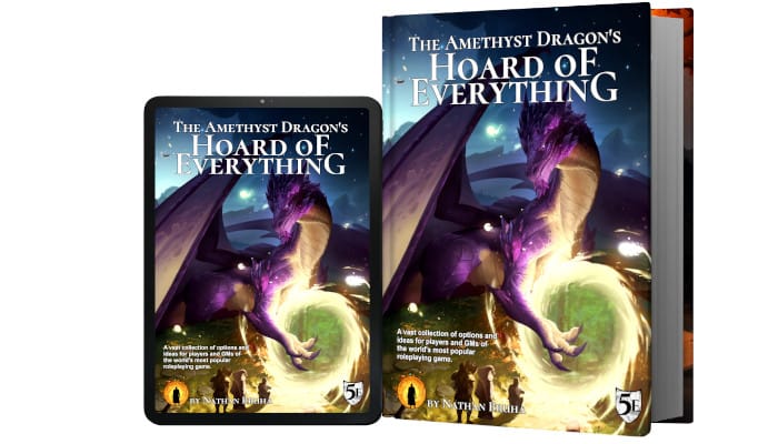 Image shows the cover of The Amethyst Dragon's Hoard of Everything as both a hardcover and digital version (on a tablet).