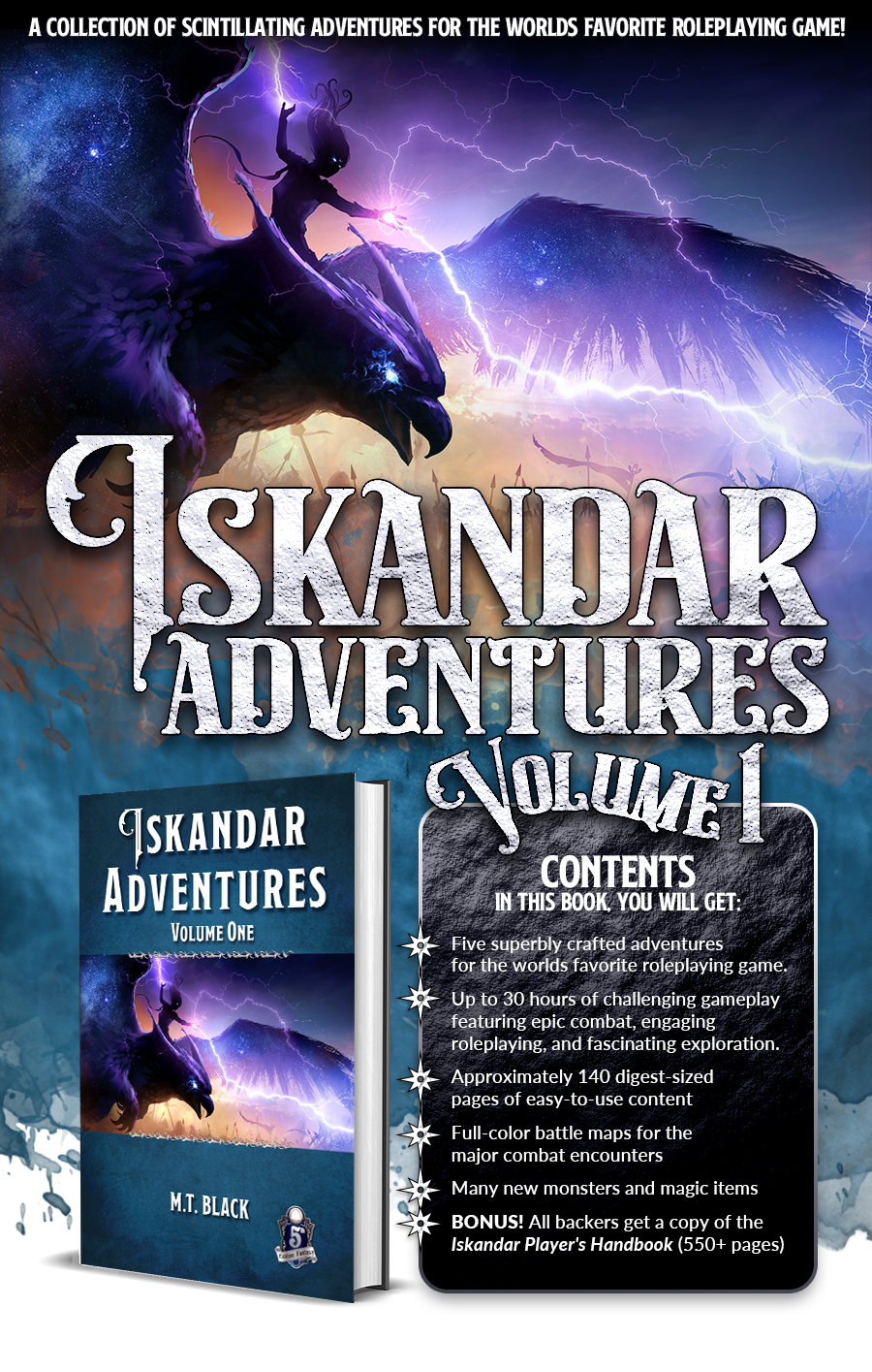 Iskandar Adventures: Volume One. Includes five superbly crafted adventures, up to 30 hours of gameplay, approximately 140 digest-sized pages of content. All backers get a copy of the Iskandar Player's Handbook.
