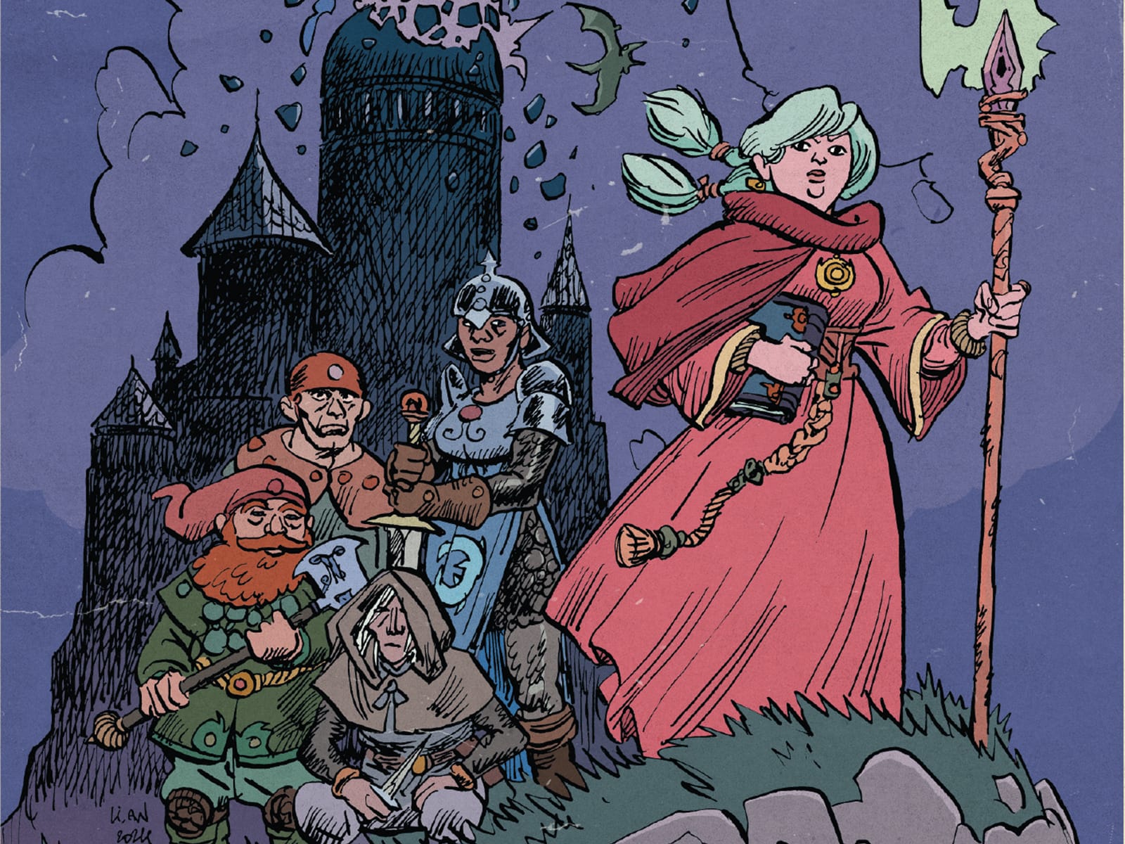An illustration of a group of adventurers done in strongly inked comic book style. Standing at the edge of a windy cliff, to the right of the picture is a magic-user with grey braids and red robes, she holds her spellbook against her and a staff casting light; behind her is a dark skinned fighter in a blue tabard over chainmail, she holds a two-handed sword planted in the ground before here, next to her is a man with a red cap (probably a follower); a red-bearded dwarf with a long red cap and green clothes holds a battle axe; crouching in front of this last group,a dodgy looking, hooded thief with dagger in hand. Behind the characters is the dark blue silhouette of a castle with pointed roofs and a broken dome at the top; it is depicted against a purple-blue, stormy sky.  