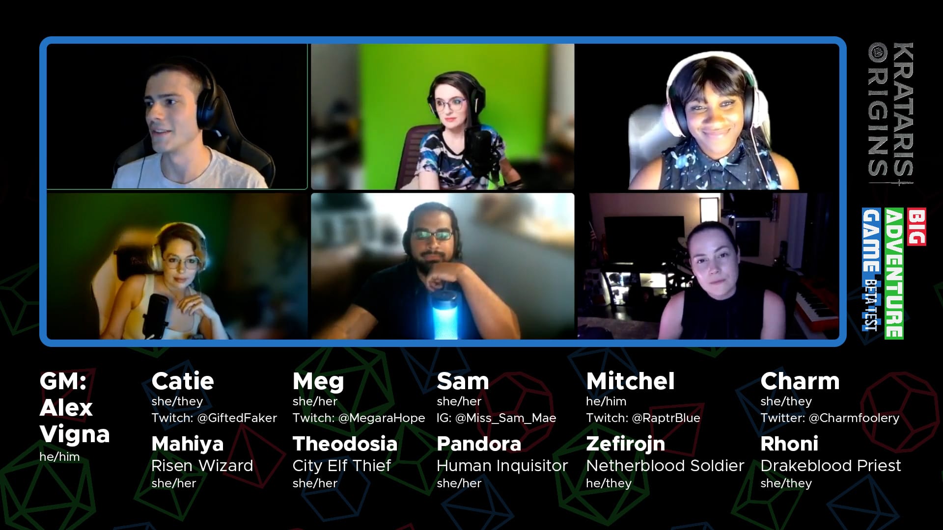 A screenshot showing off the stream's graphics. 6 people in a window, with text below them clarifying their identities.