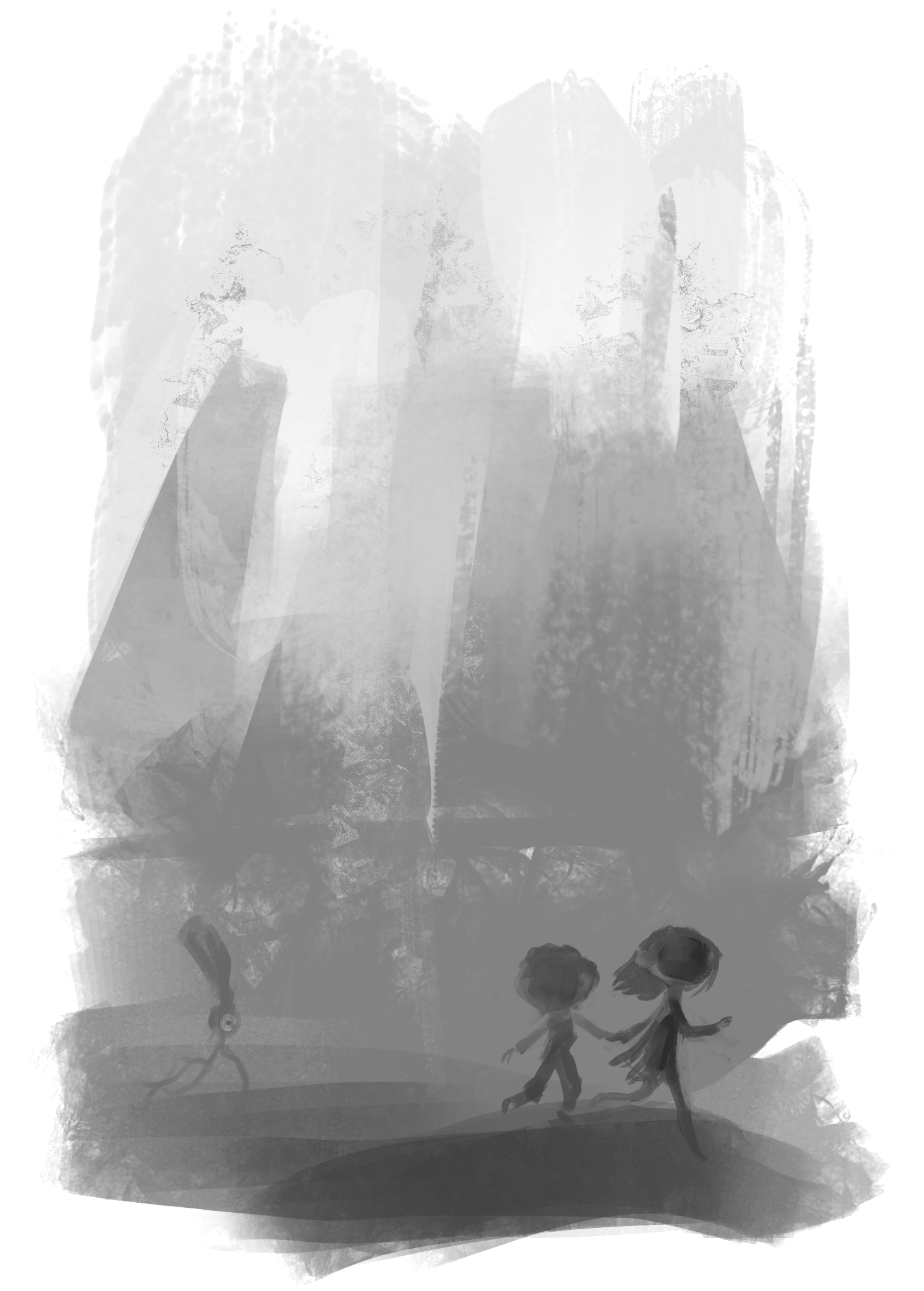 Silhouettes of children lost in the mist fleeing from a small monster in the distance.