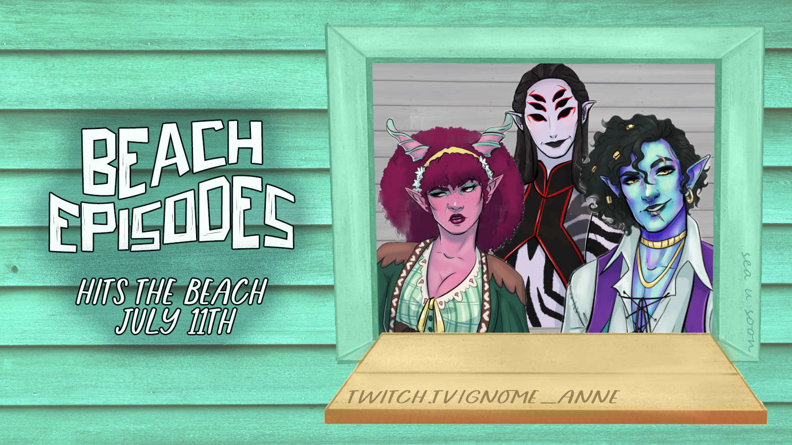 The three featured characters ina. window "Beach Episodes hits the beach July 11th.