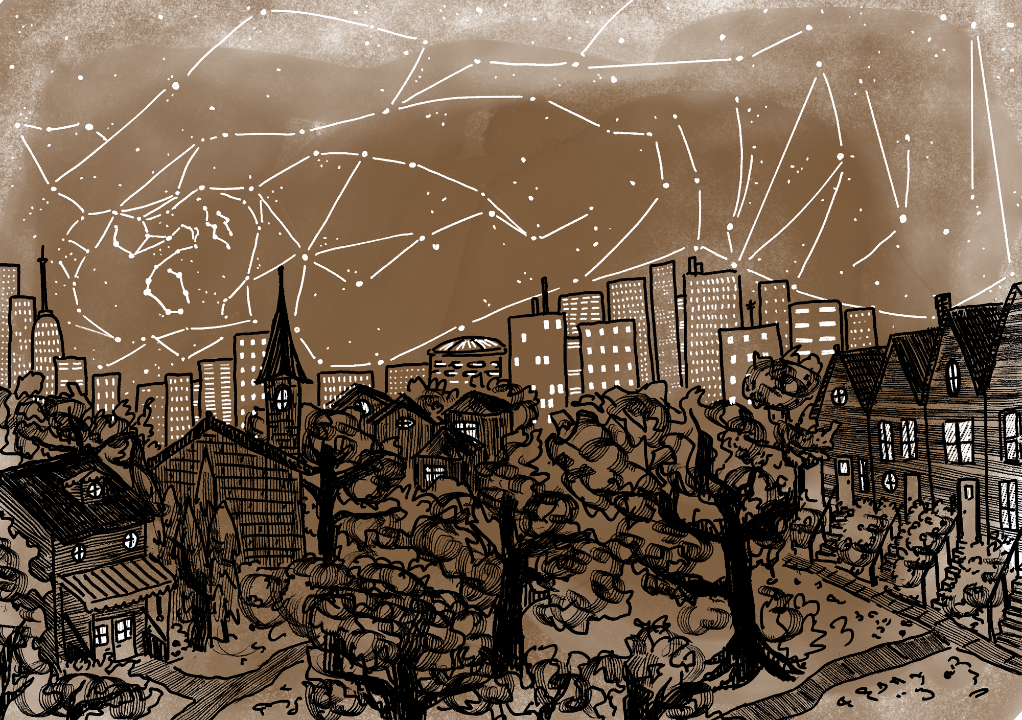 An illustration of a night sky over a city. Constellations trace out the shape of a human in repose above the skyline. In the foreground is a park and townhomes.