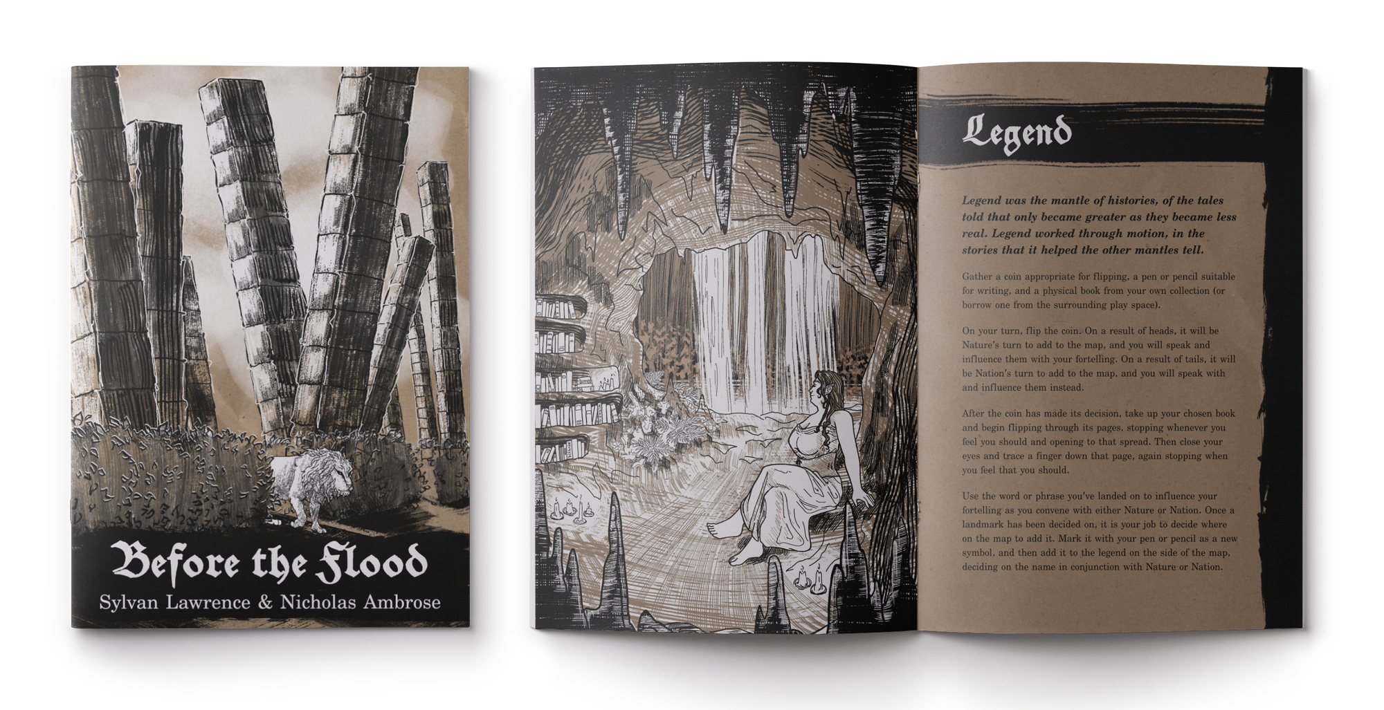 A mockup of the final zine, showing the cover and an inside page spread. Beneath it is a note saying "Cover art and layout not final."