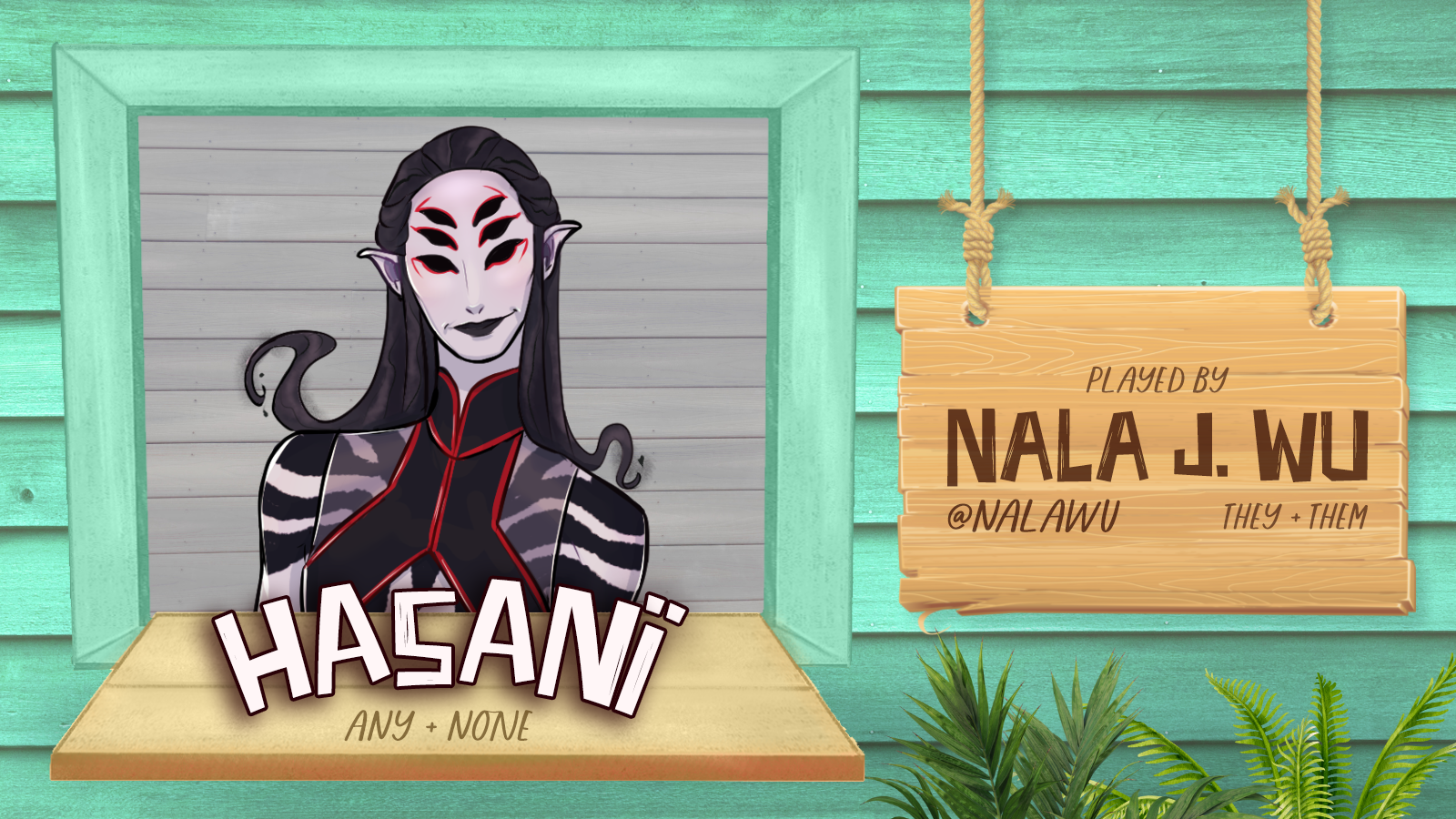 Hasani (any/none) played by Nala J. Wu (they/them) is the alien character.