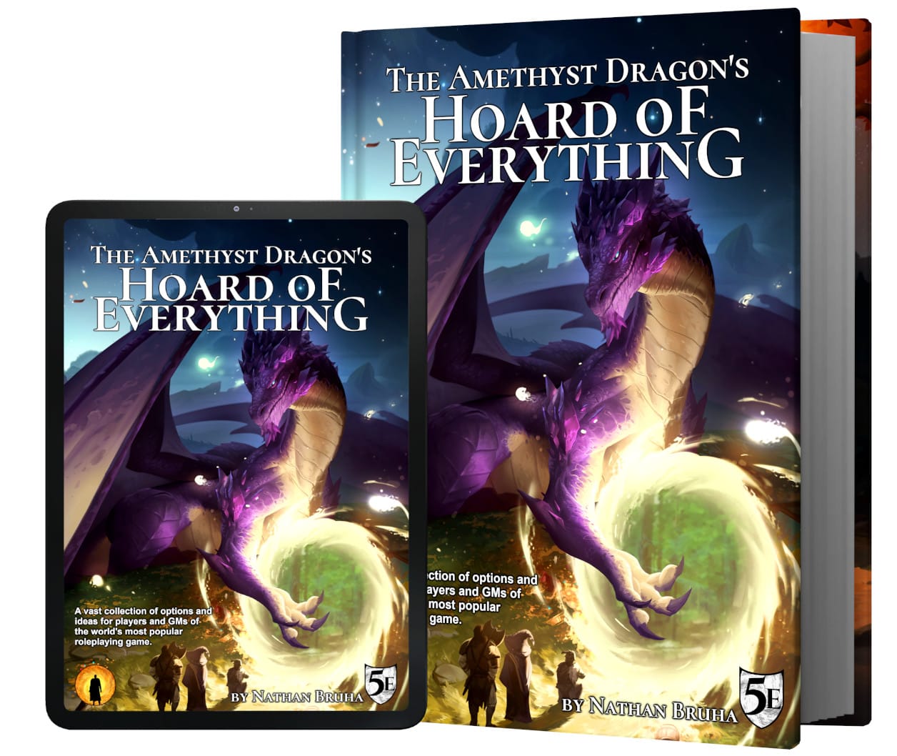 Images shows two versions of The Amethyst Dragon's Hoard of Everything; one digital on a tablet, the other a hardcover book.