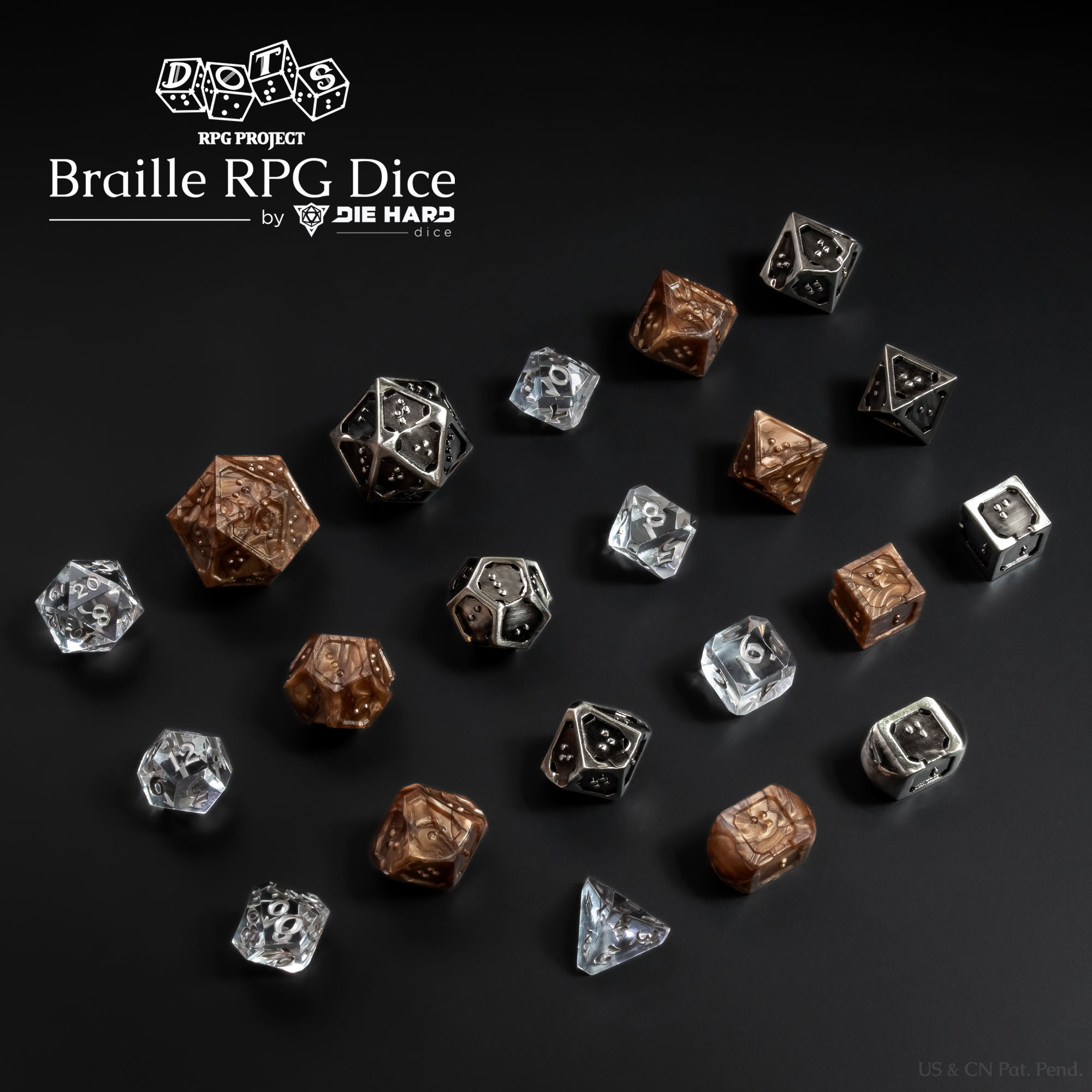 3 sets of 7 TTRPG polyhedral dice on a black surface. The first set for size comparison is a standard numbered clear plastic with silver numbers. The braille sets are metallic bronze plastic with dark pearl swirls and silver metal with black antiqued finish. Most of the braille dice are similar in size to standard numbered sets with the d20 being almost double the size. Both braille dice sets are the same style, using a single character per face on all dice. The edges around all dice faces are raised with one border having a small divot in the center to act as an orientation marker, signifying the bottom of a braille cell. The other edges around the face set are flatter and thicker to provide increased stability when reading. The metal set has small holes in the corner of all faces as the die is completely hollow. Logo in the top left corner reads DOTS RPG Project Braille RPG Dice by Die Hard Dice, US & CN Patent Pending in bottom right corner. 