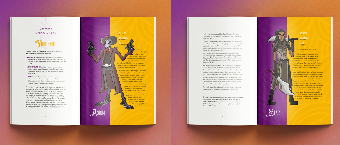 Mockup of book spreads showing sample Construct Gunslinger and Elf Slayer characters