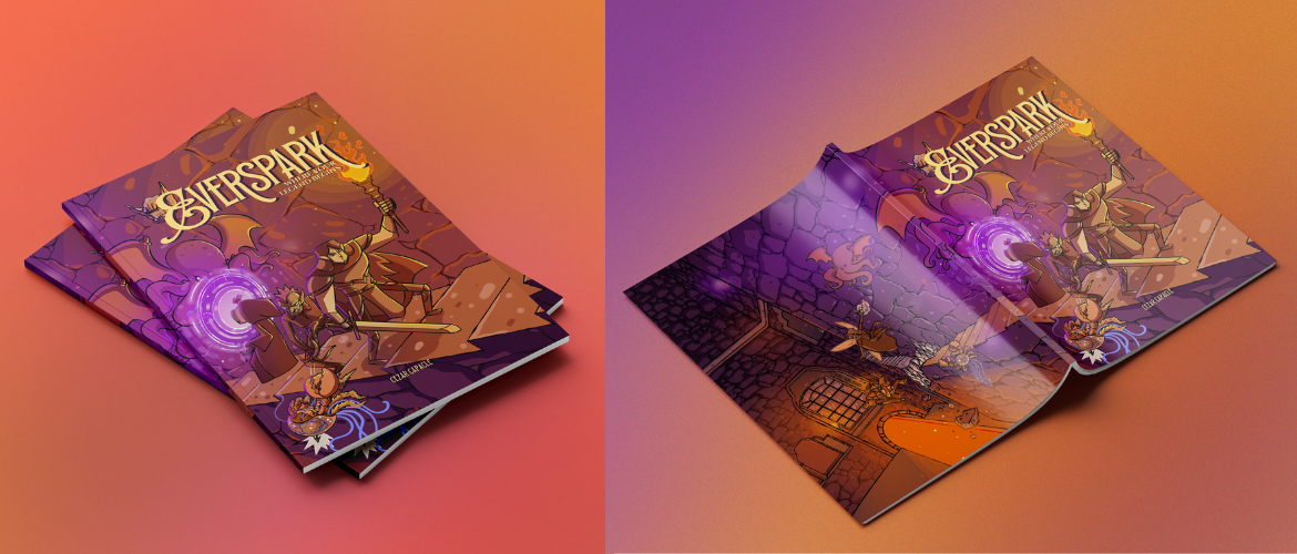 Mockups of the cover and back cover of the book, showing a group of adventurers exploring a dungeon.