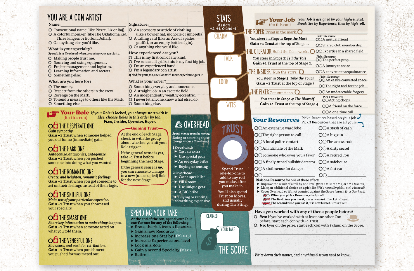 Image of the Con Artist character sheet, with layered paper graphics under character rules.