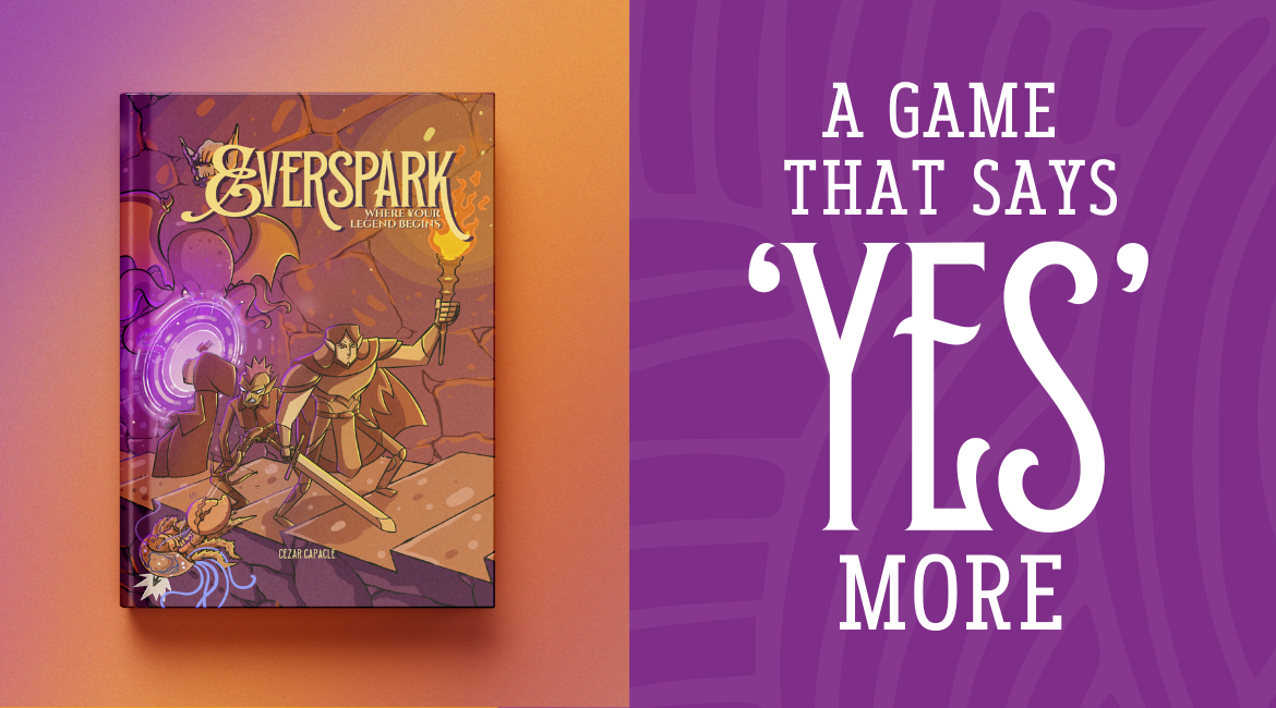 Mockup of the cover of the book with adventurers exploring a dungeon. On the right, a text that says "a gama that says 'yes' more"