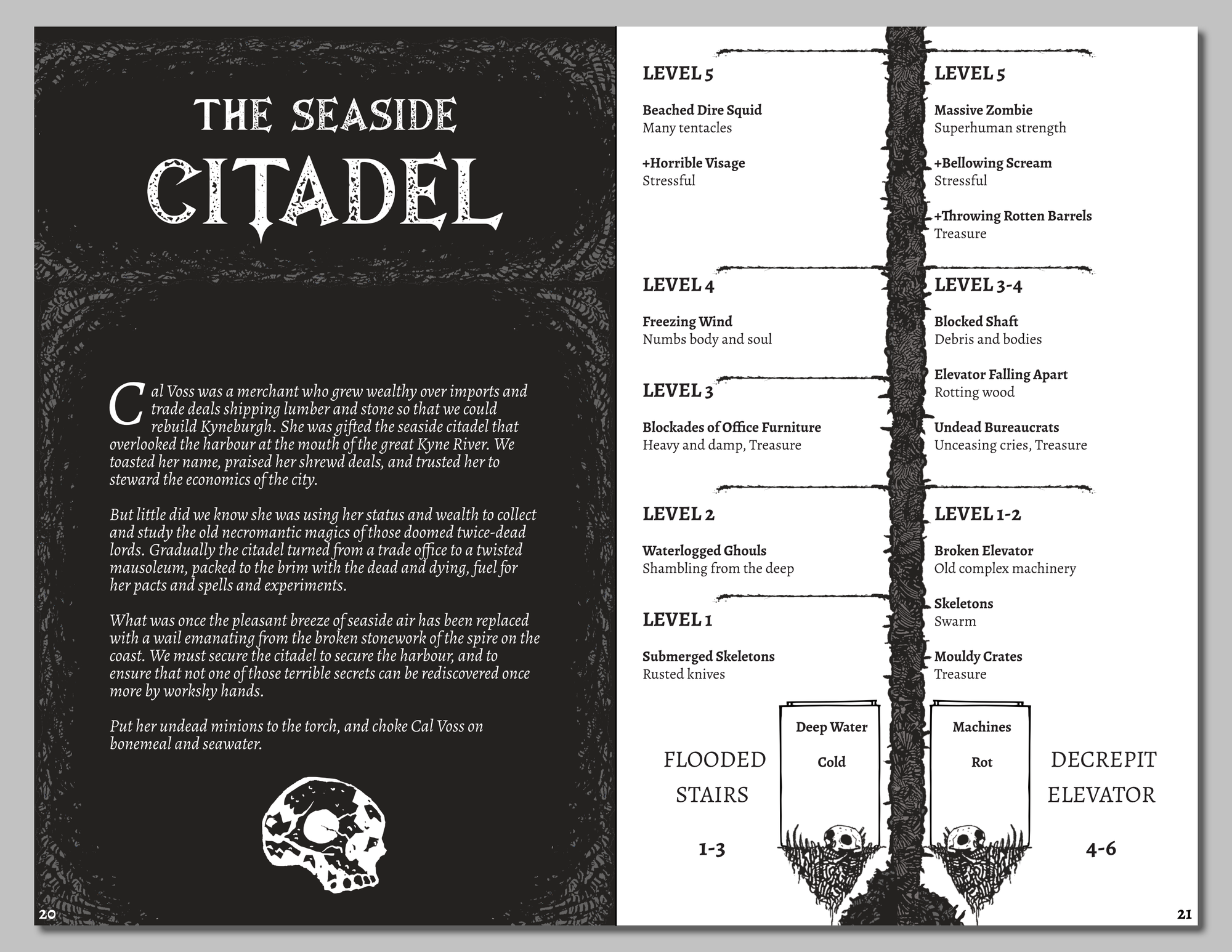 A two page spread showing the introduction and first few levels of the Seaside Citadel. Two paths are described, one dangerous but full of treasure, one simple but with more steps. The leftside describes the traitor Cal Voss and what she did in the citadel.