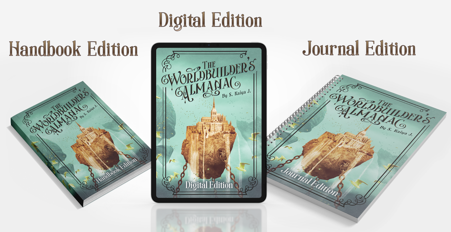 The Worldbuilder's Almanac, displayed in three different formats: a paperback book labeled "Handbook Edition", a digital format displayed on an iPad labeled "Digital Edition", and a larger spiral-bound notebook labeled "Journal Edition".