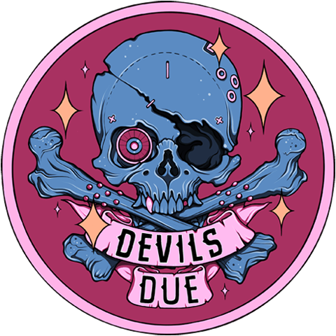 Circular patch design with a blue skull and crossbones over a fuschia backdrop. The skull is missing an eye and is cracked to resemble an eyepatch.