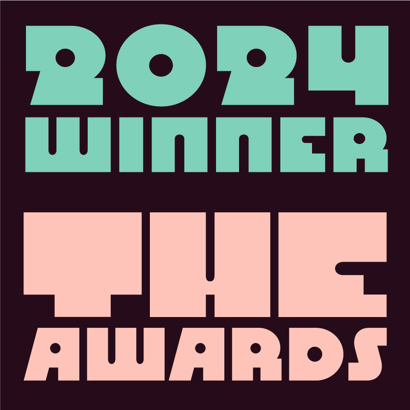 A square image reading "2024 Winner" in blue-green blocky font and "The Awards" in light pink blocky font, both set against a dark background