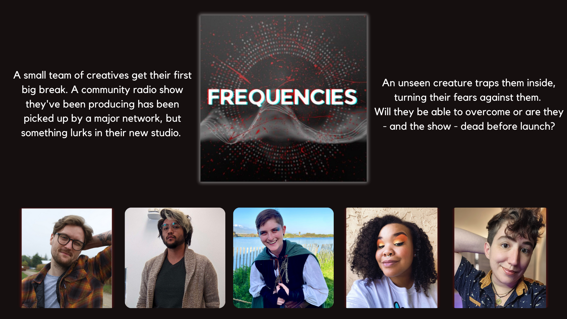 The cast of Frequencies headshots across the bottom of a promo image. Robin, a white nonbinary person in brown flannel and glasses with his arm tucked behind their head. Kappa, a Filipino & Japanese masc in a beige sweater with blonde and dark brown hair and glasses. Sloan, a white nonbinary person standing outside in fantasy garb and glittery makeup with short dirty blonde hair. Candace, a Black nonbinary person with medium length curly hair, bright sunset makeup, smiling at the camera. Dillin, a white nonbinary person in a blue colored shirt with short curly brown hair, his arm tucked up behind their head. 