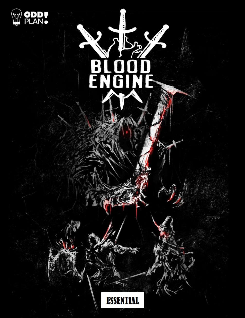 The cover of Blood Engine Essential, with a giant demonic creature with a colossal sword tearing apart three adventurers with a single swing of their weapon