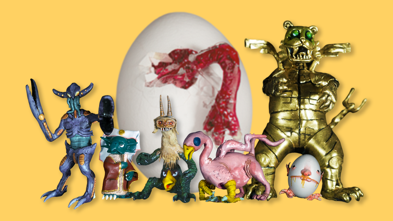 Six monsters stand in front of a giant, hatching white egg against a yellow backdrop. 