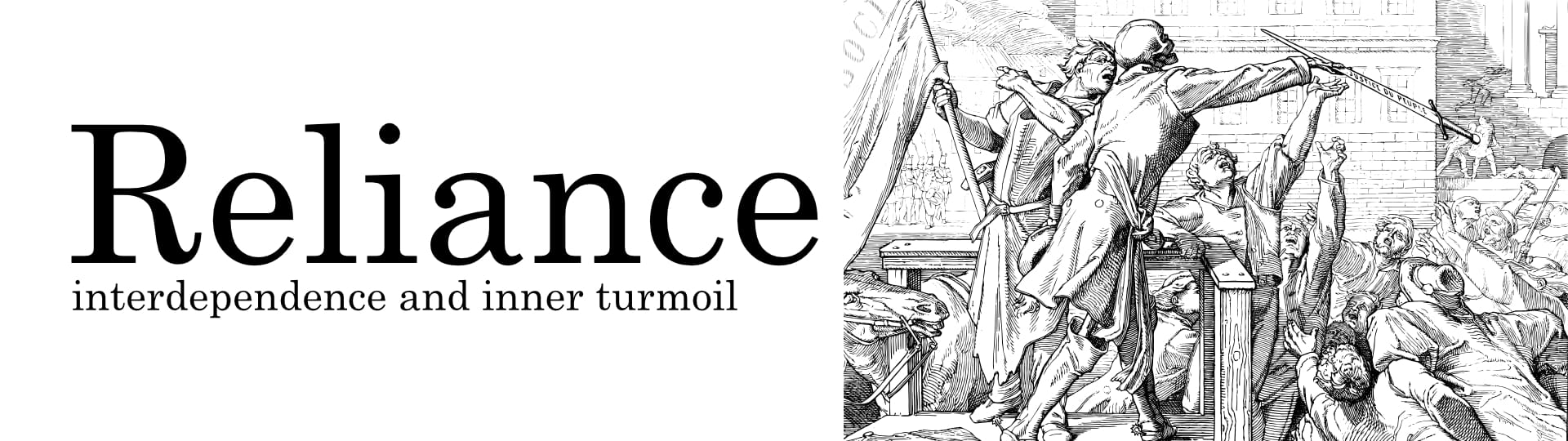 Relilance: Interdependence and inner turmoil (there's a picture of a suited skeleton handing a sword to a desperate crowd of people)