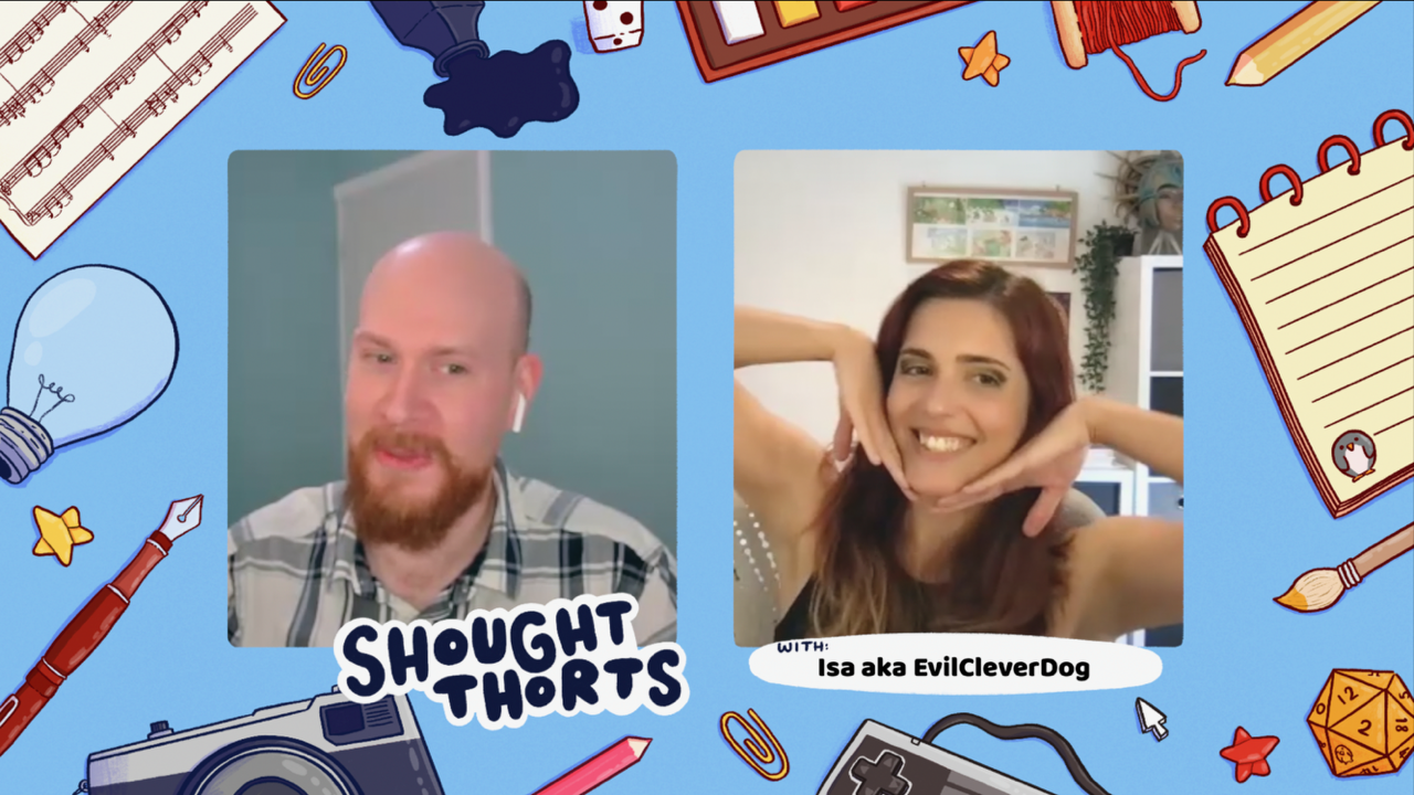 A still image from episode 8 of Shought Thorts. It shows the host (DC Bradshaw) on the left and the guest (Isa aka EvilCleverDog) smiling ont he right