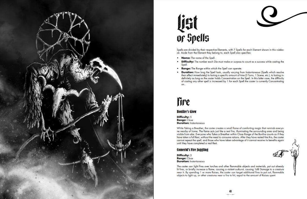 Sample pages of Blood Engine Essential: "List of Spells"