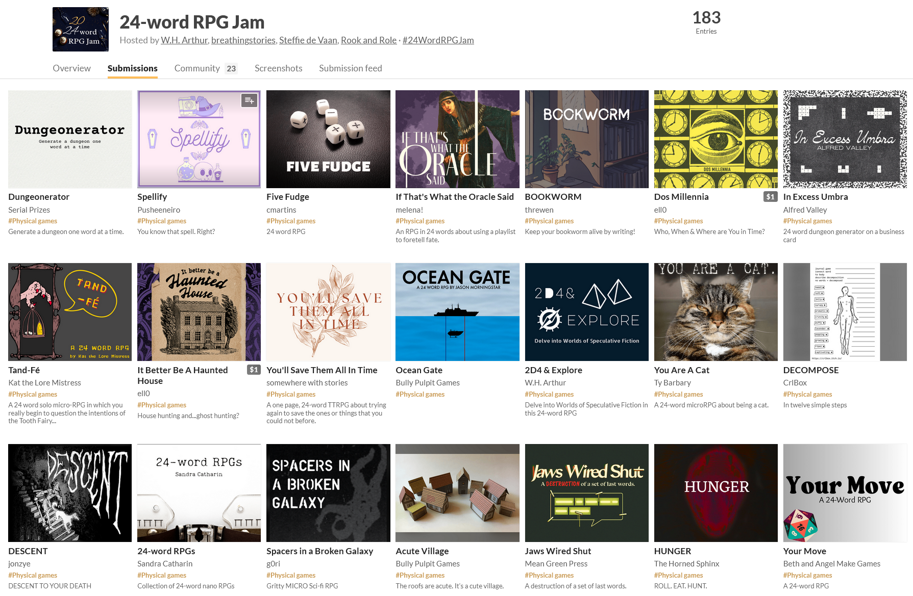 Image displays some of the entries to 24-word RPG Jam in a grid. The top of the image states that there are 183 total entries submitted to the jam.