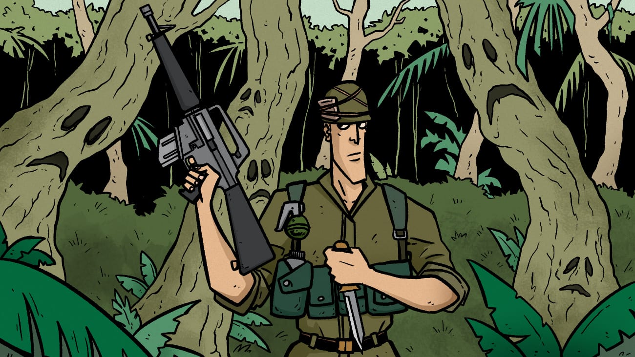 A soldier wandering through a forest, the trees have monstrous faces in their bark.