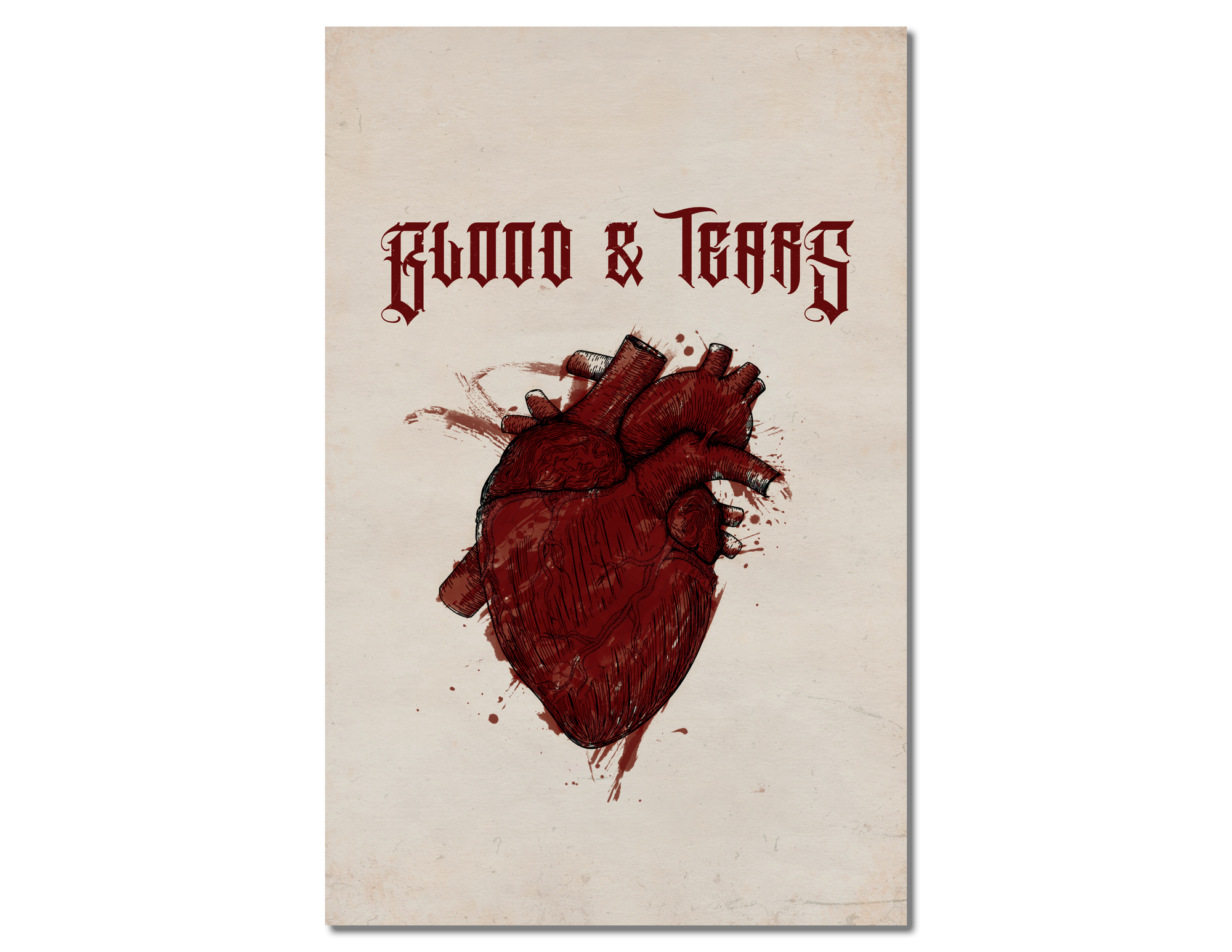 A cover featuring blood red gothic letters that say "Blood & Tears" above an anatomical sketch of a heart coloured in with blood.