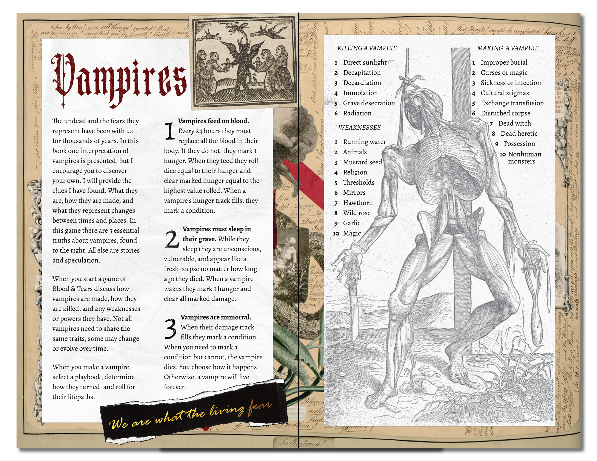 Two page spread showing the rules of vampires with tables around an anatomical drawing of a hanging corpse.