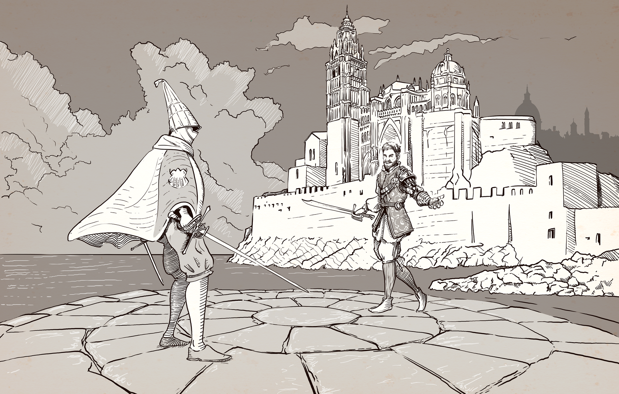 Two figures stand ready for a duel on a circular stone platform on the shores of a sea with a castle rearing up behind them across a small bay. One duelist is armed with a falchion and steel gaunlet, while the other carries and rapier and main gauche dagger. Storm clouds tower up from the horizon.