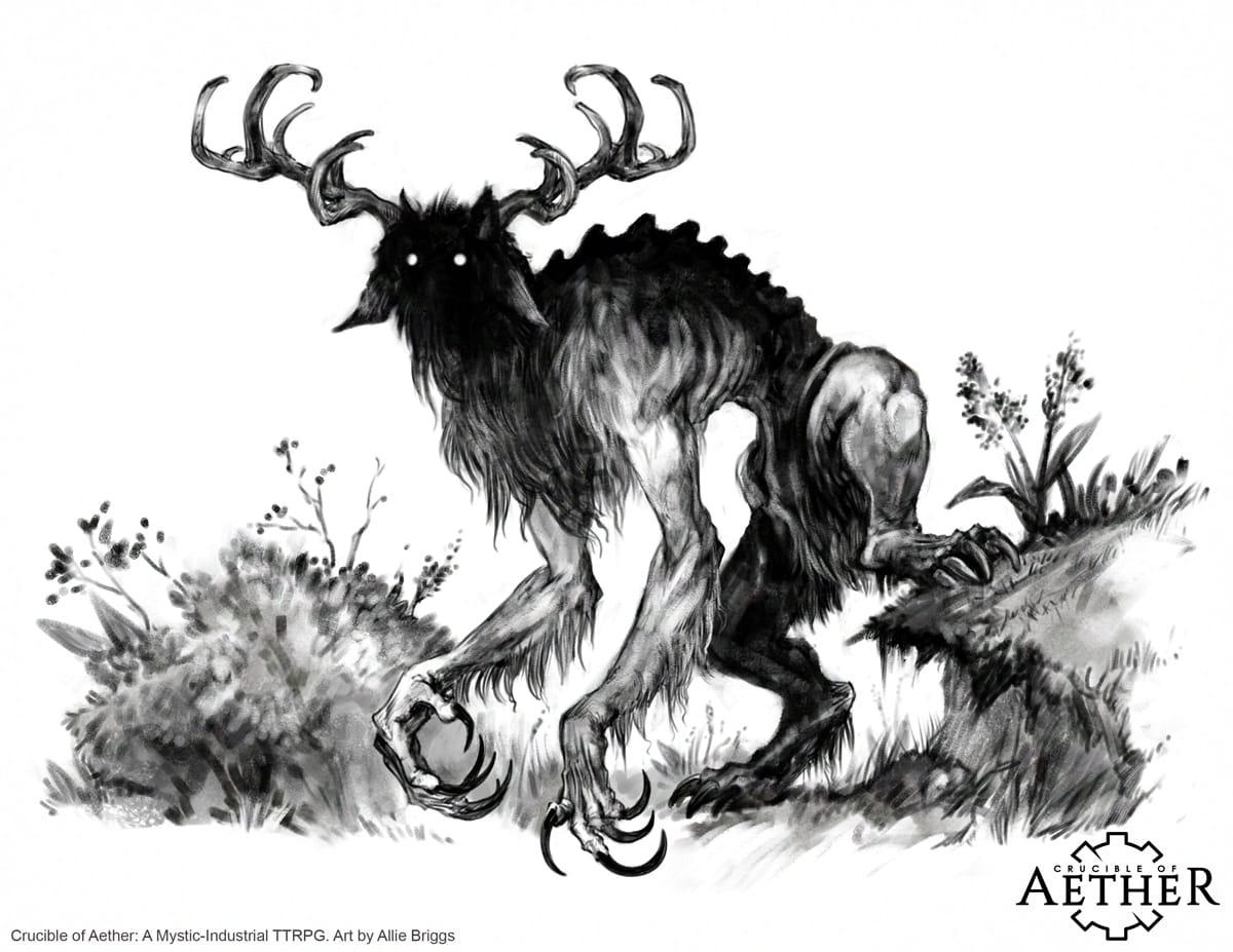 A black and white drawing for the Crucible of Aether ttrpg depicts a furry four limbed creature