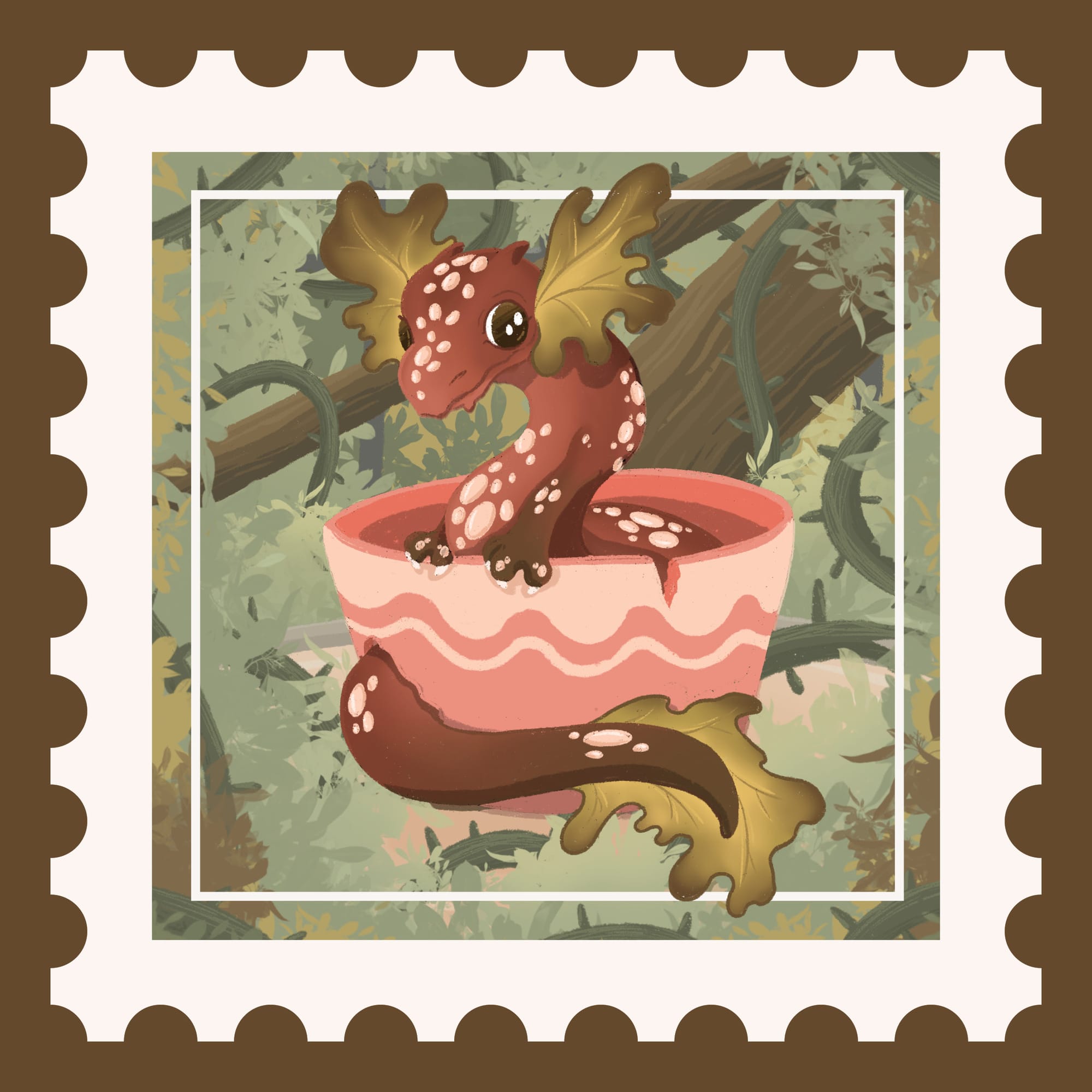 A rust-red dragon sits in a pink earthenware bowl on a background of hedge branches, leaves, and vines. His tiny claws rest on the edge of the earthenware bowl, and his tail pokes out from a cracked hole at the bottom edge.