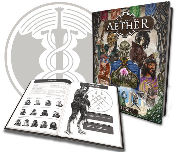 A color image depicts a rendering of the rulebook from the Crucible of Aether TTRPG