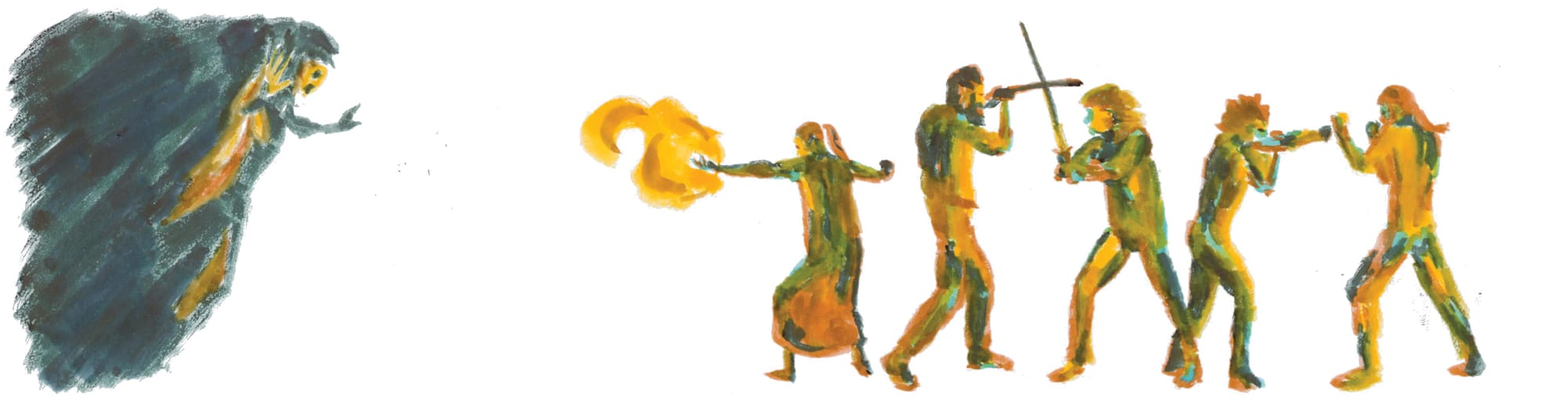 A watercolor ink illustration of six figures fighting. Two are fighting hand to hand, two are crossing swords, and one is shooting magic towards a horrific monster in the distance.