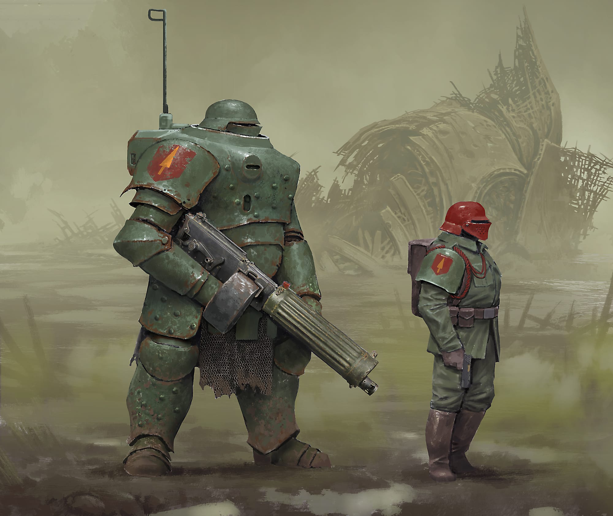 A Trench Crusade illustration of a mechanised heavy infantry trooper beside a soldier in regular uniform.